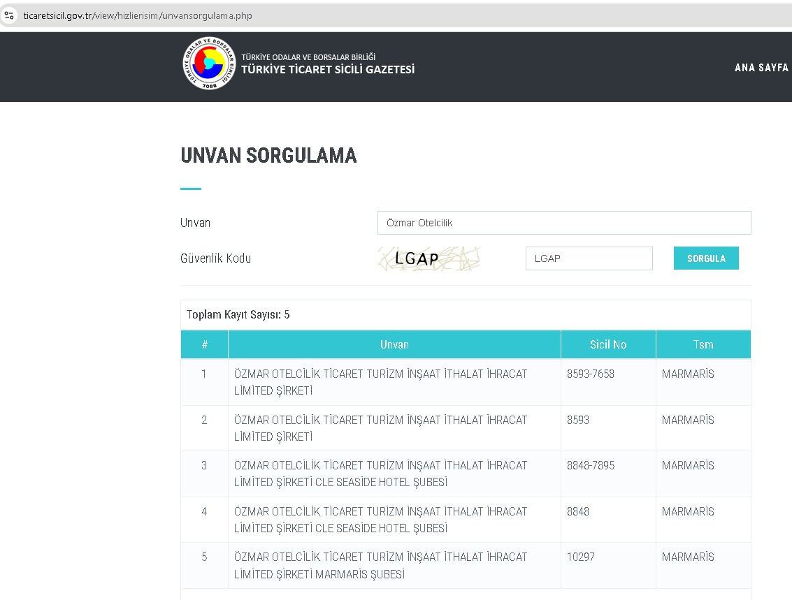 Türkiye Ticaret Sicili Gazetesi - Özmar Otelcilik Unvan Tescil